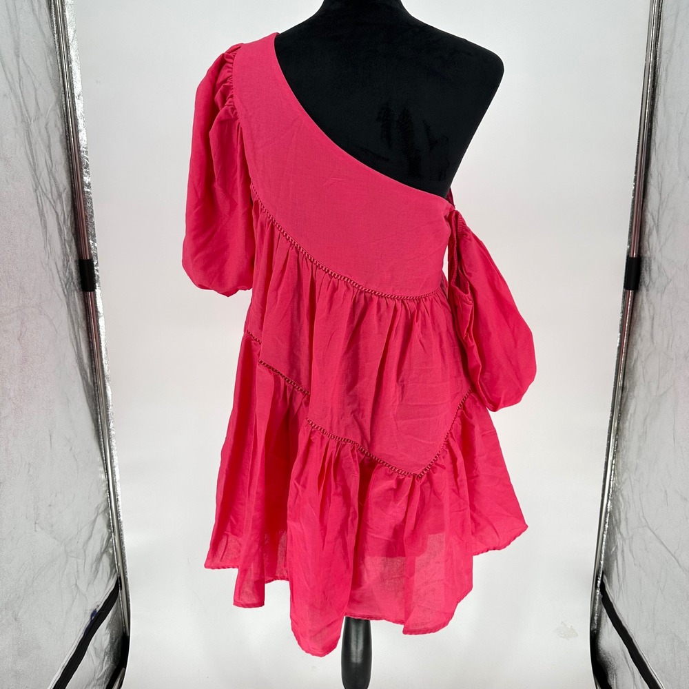 NEW‎ Showpo Harleen Asymmetrical Trim Mini Dress Pink Ruffle Puff Sleeve US 6 - Picture 6 of 7
